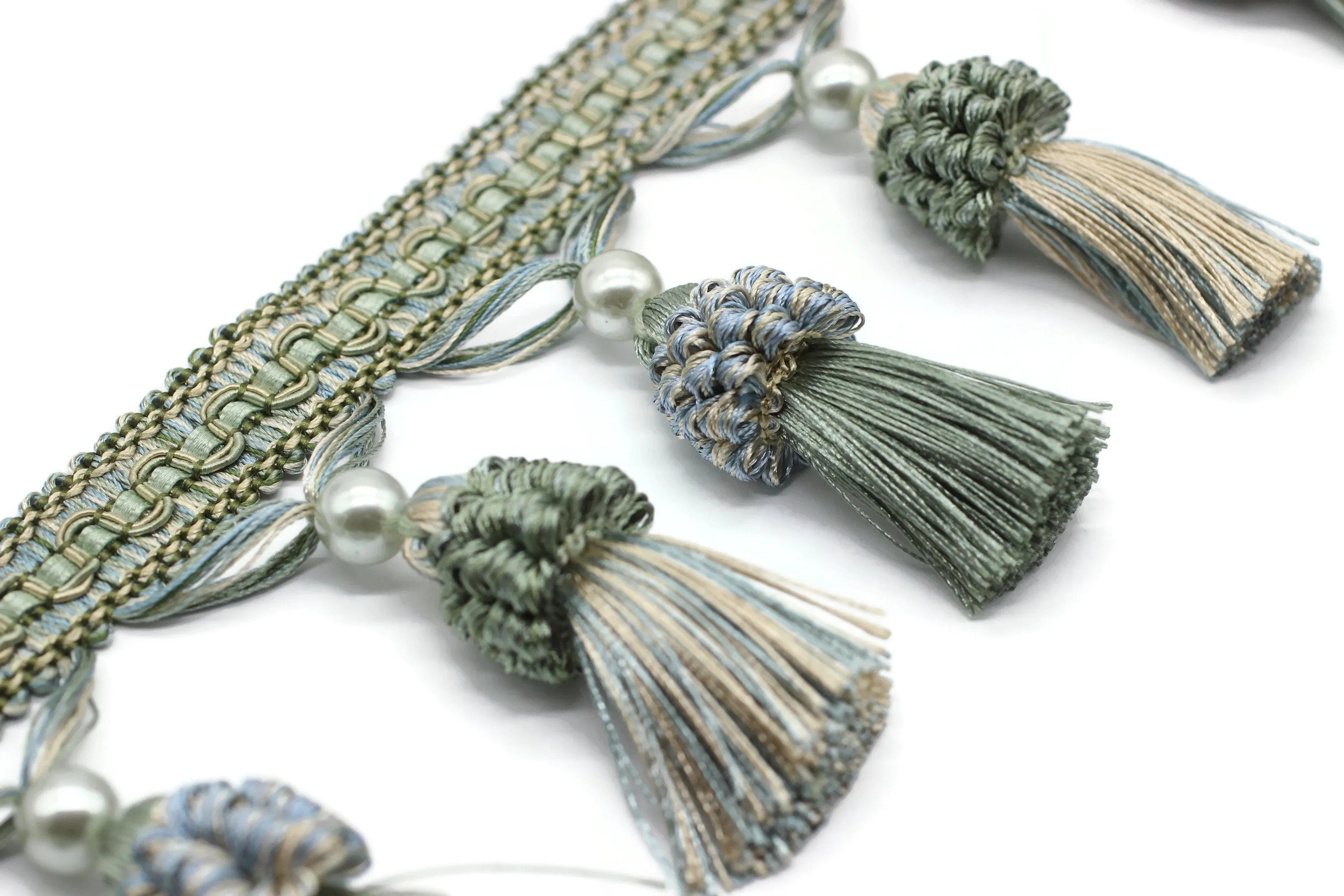 115 mm Light Blue Tassel Fringe Trim, 4.52 inches Gimp Header, lampshade trim by the yard, Fringe for Drapery, Tassel trim, Rosa07 V4