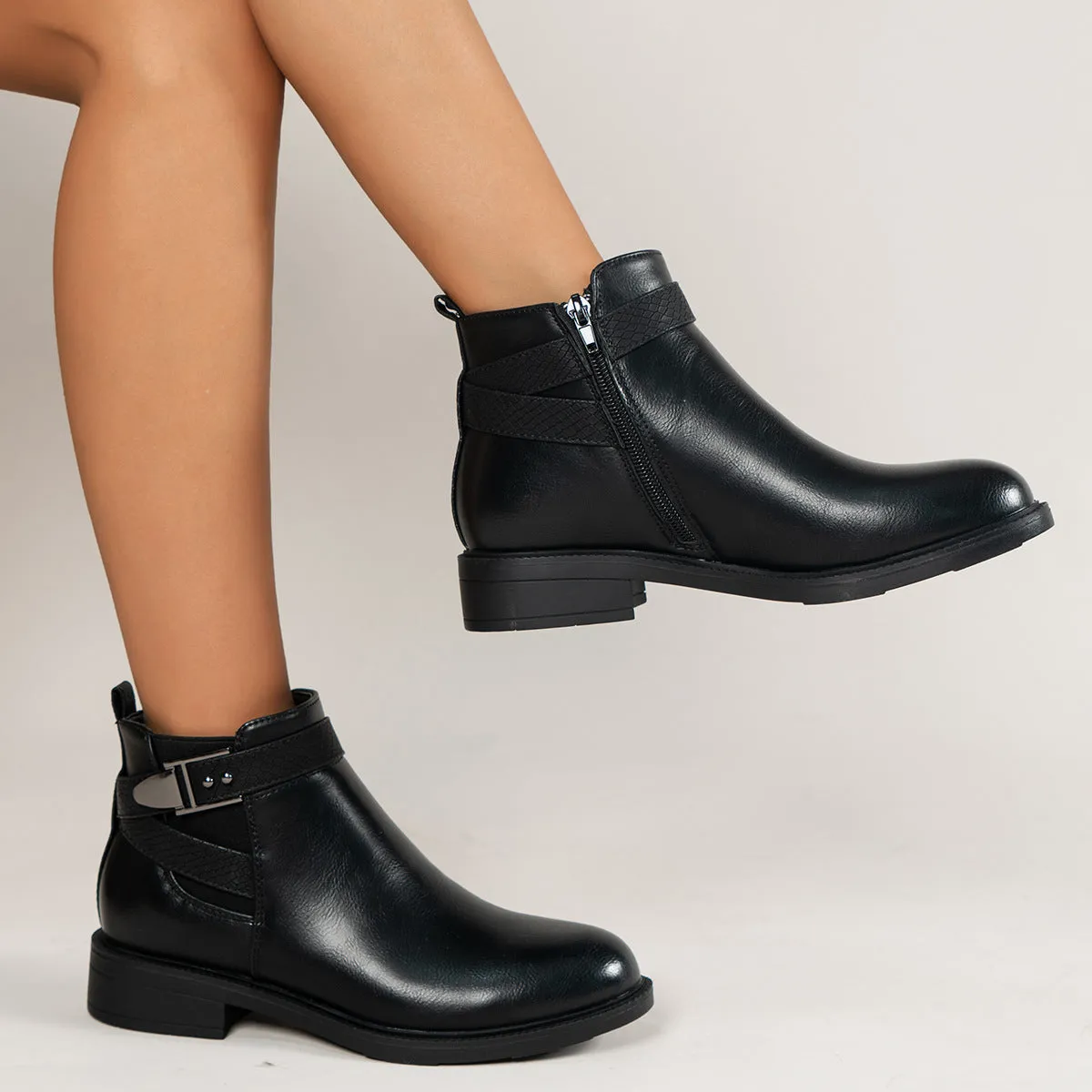 Ankle Boots  Chelsea  Women Black Side Zipper Buckle