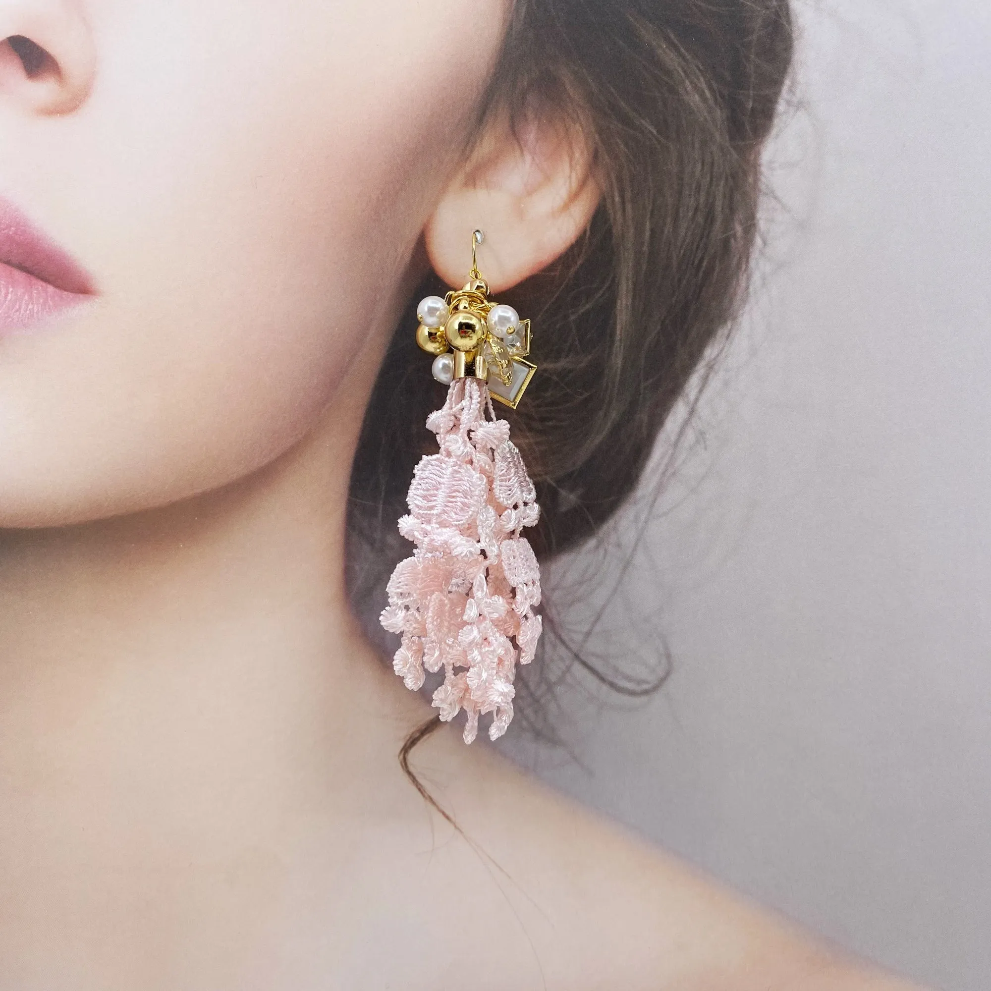 Asymmetrical Pink Lace Earrings