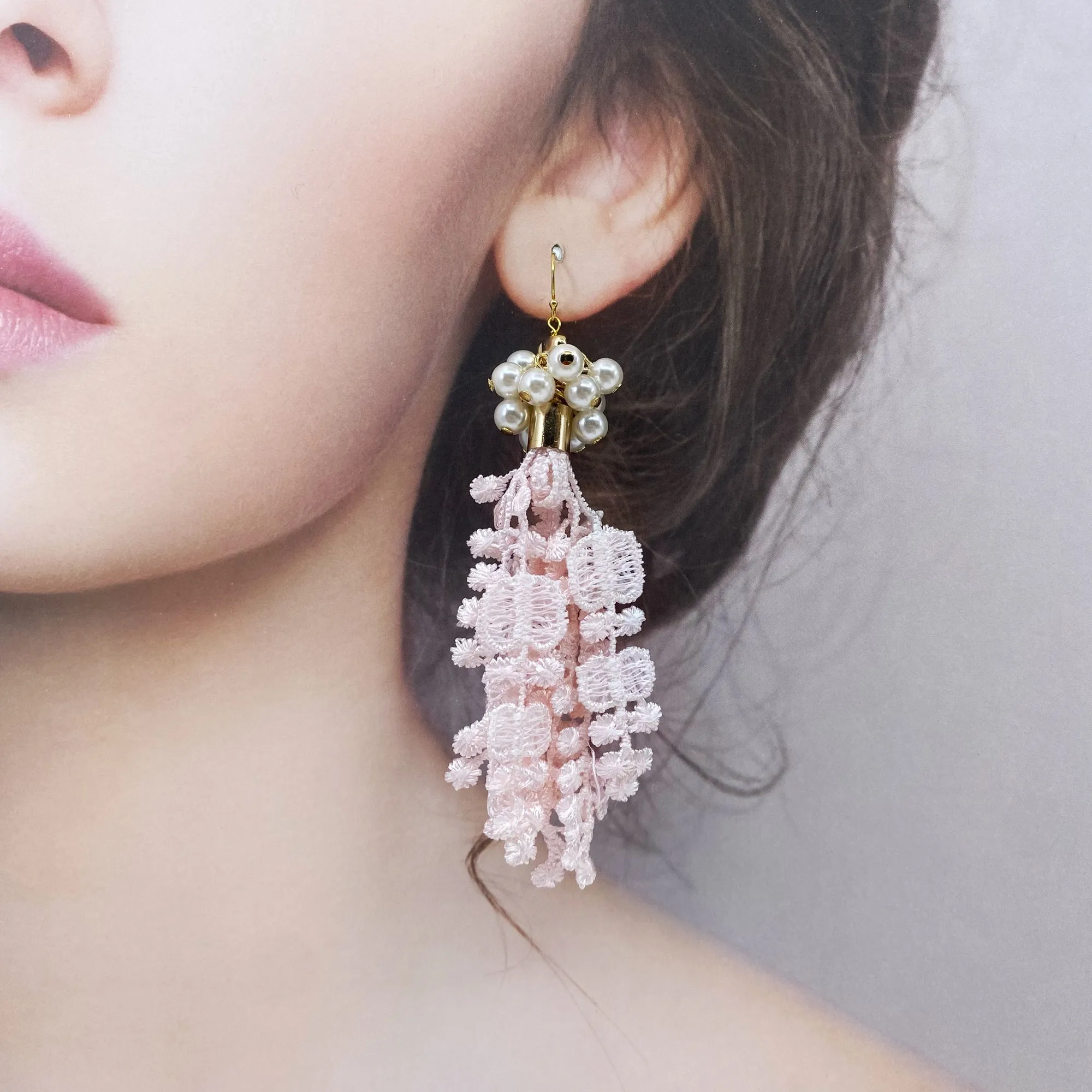 Asymmetrical Pink Lace Earrings