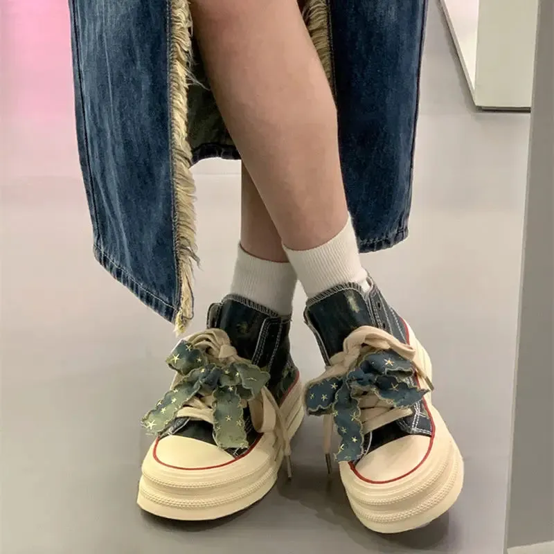 binfenxie  -  Chic Women Breathable Bow Sneakers Blue Denim Shell Shoes For Girls Thick Heel Sneakers Casual Running Platform Y2K Lolita Shoes