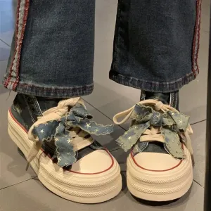 binfenxie  -  Chic Women Breathable Bow Sneakers Blue Denim Shell Shoes For Girls Thick Heel Sneakers Casual Running Platform Y2K Lolita Shoes