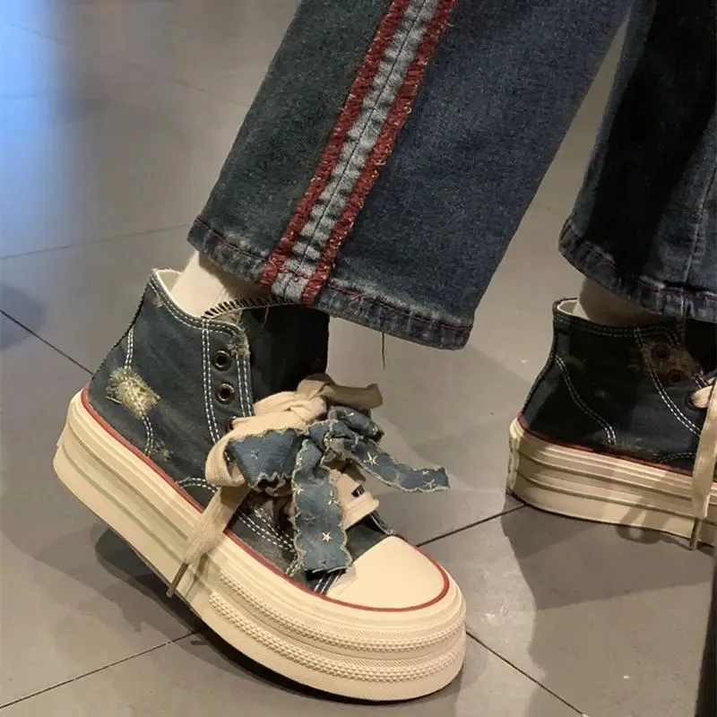 binfenxie  -  Chic Women Breathable Bow Sneakers Blue Denim Shell Shoes For Girls Thick Heel Sneakers Casual Running Platform Y2K Lolita Shoes