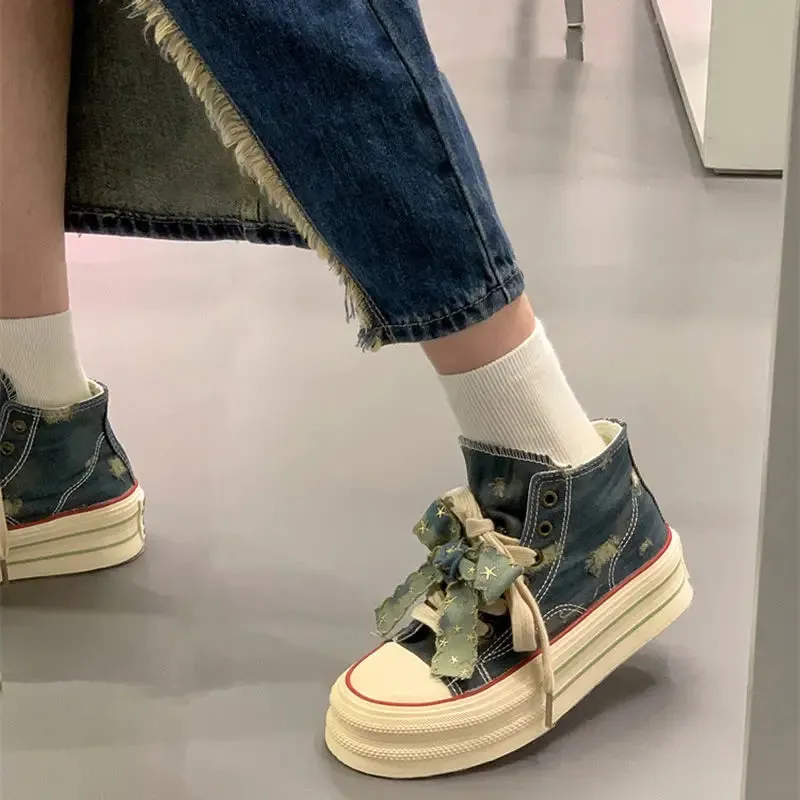 binfenxie  -  Chic Women Breathable Bow Sneakers Blue Denim Shell Shoes For Girls Thick Heel Sneakers Casual Running Platform Y2K Lolita Shoes
