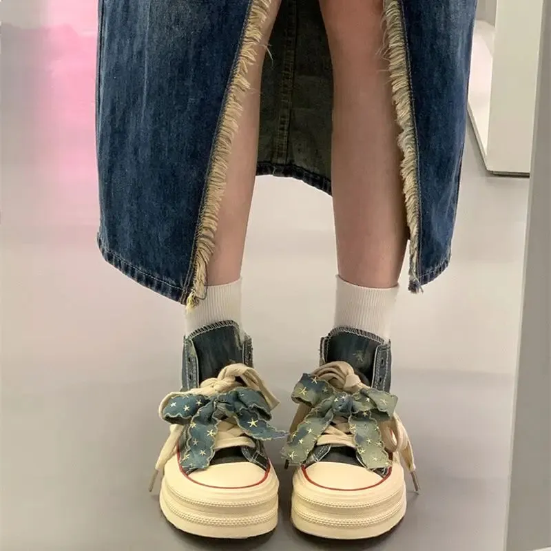 binfenxie  -  Chic Women Breathable Bow Sneakers Blue Denim Shell Shoes For Girls Thick Heel Sneakers Casual Running Platform Y2K Lolita Shoes