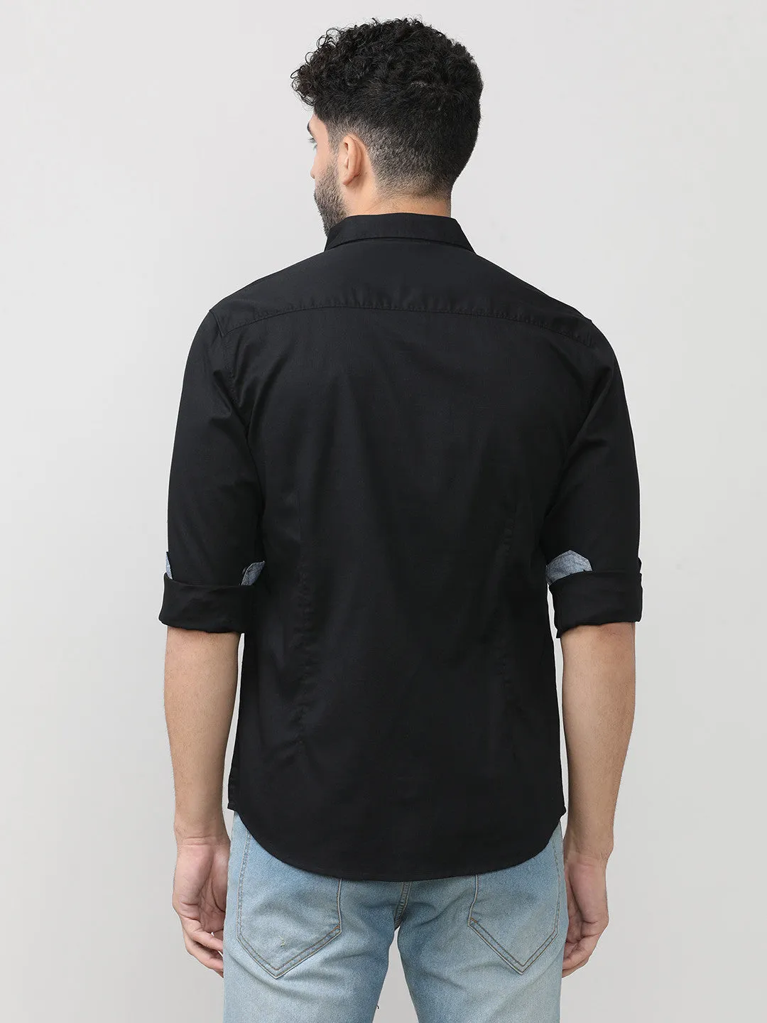 Black Dobby Lycra Plain Shirt With Pocket
