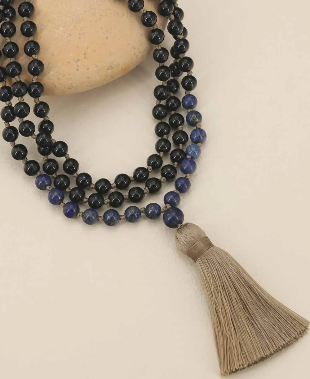 Black Onyx and Lapis Meditation Mala, Knotted 108 Beads