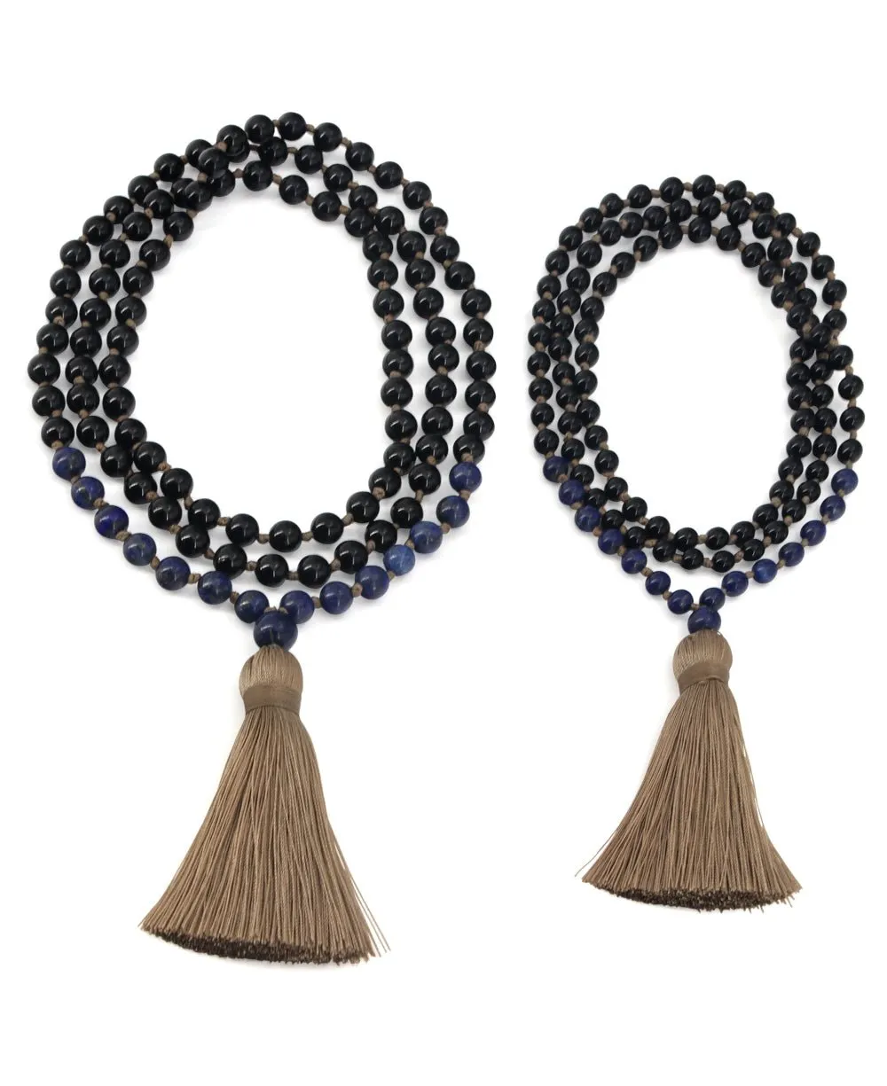 Black Onyx and Lapis Meditation Mala, Knotted 108 Beads