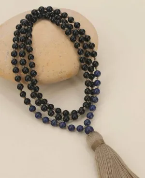 Black Onyx and Lapis Meditation Mala, Knotted 108 Beads