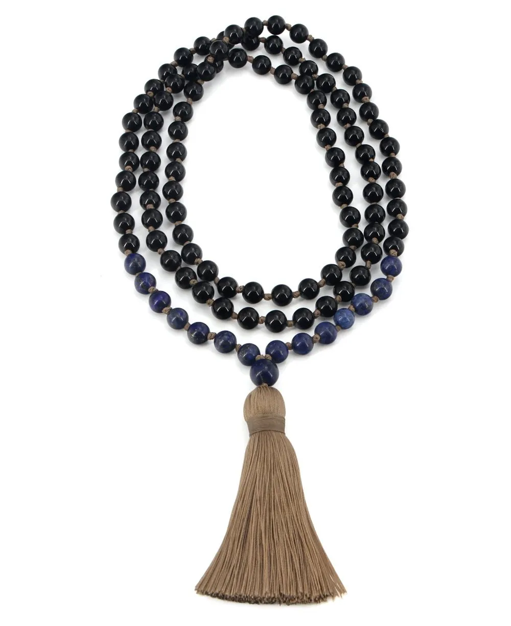 Black Onyx and Lapis Meditation Mala, Knotted 108 Beads