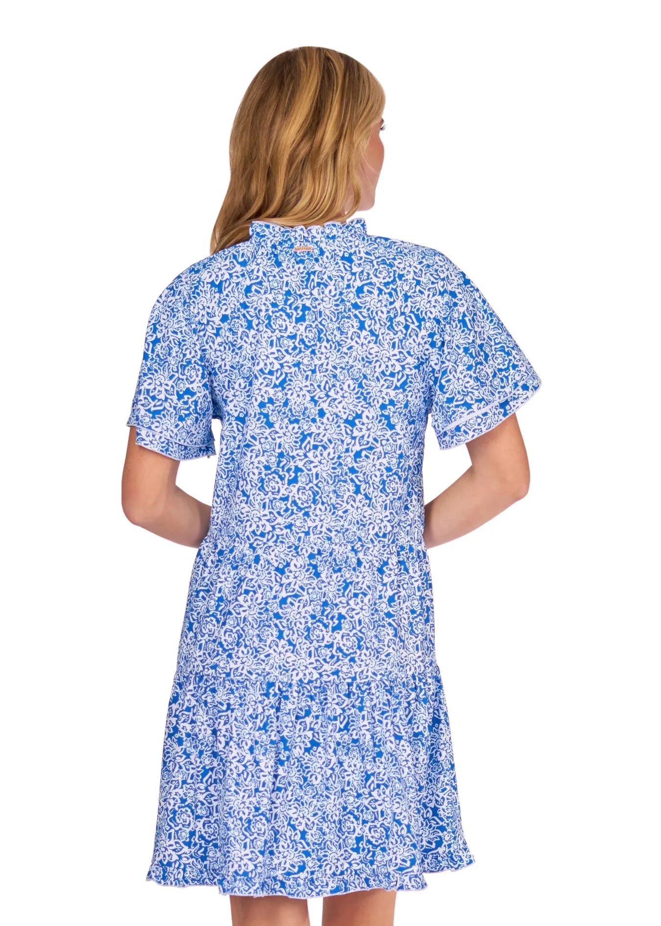 Blue Floral Short Sleeve Tiered Dress