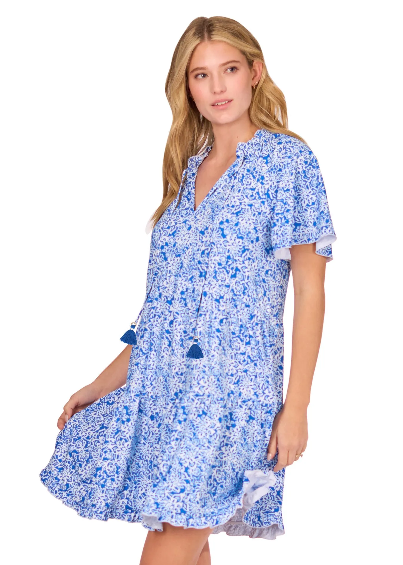 Blue Floral Short Sleeve Tiered Dress