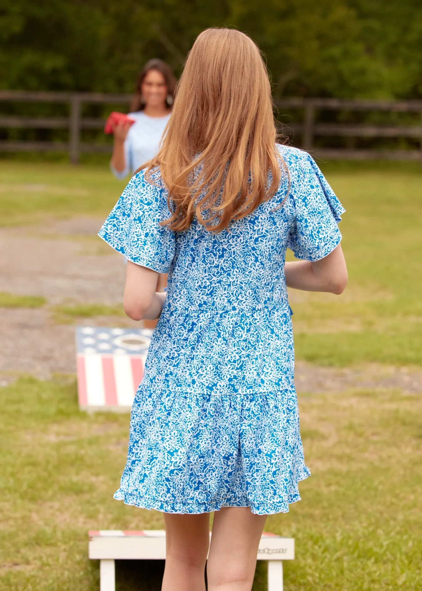 Blue Floral Short Sleeve Tiered Dress
