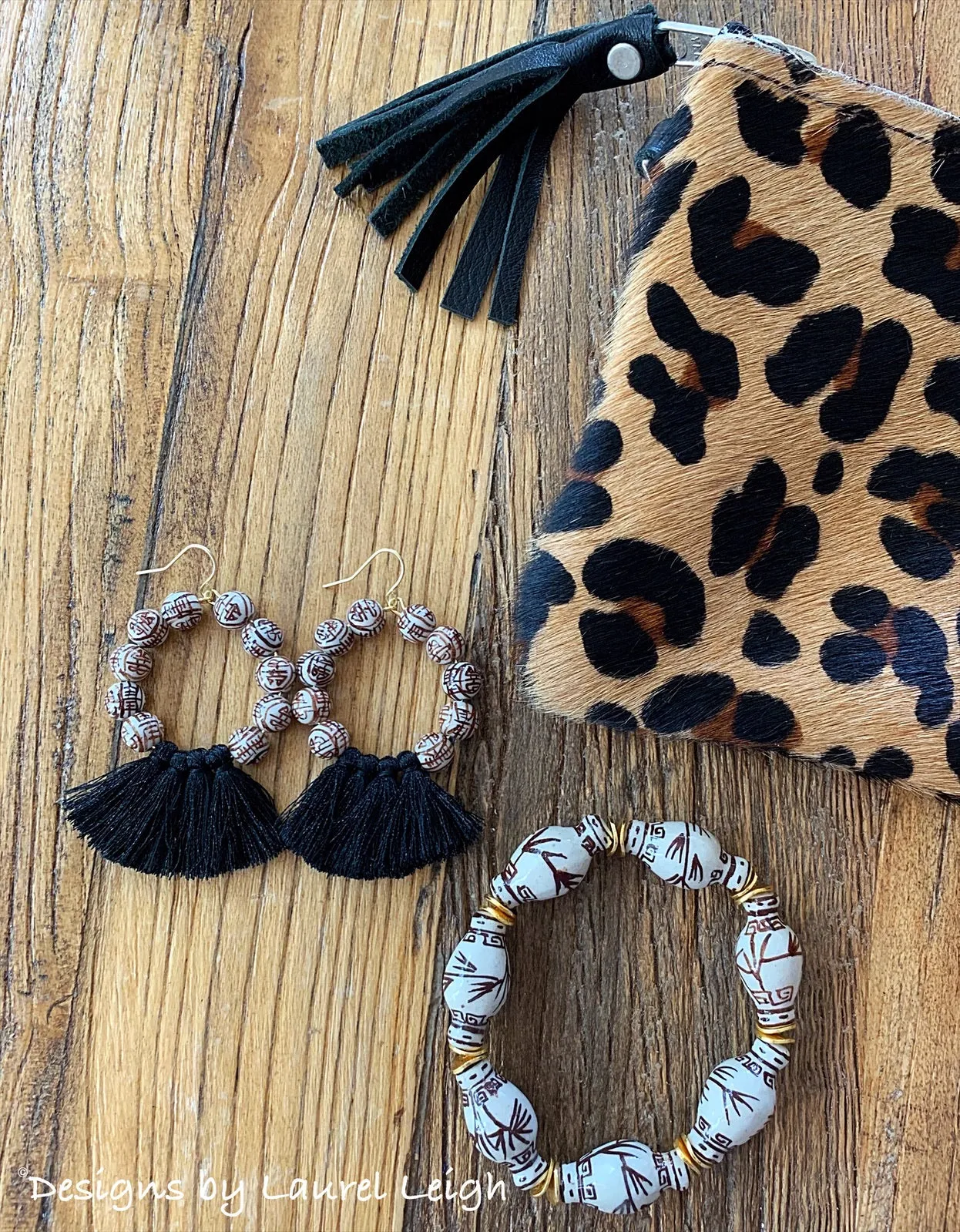 Chinoiserie Beaded Tassel Hoops - Black/Brown