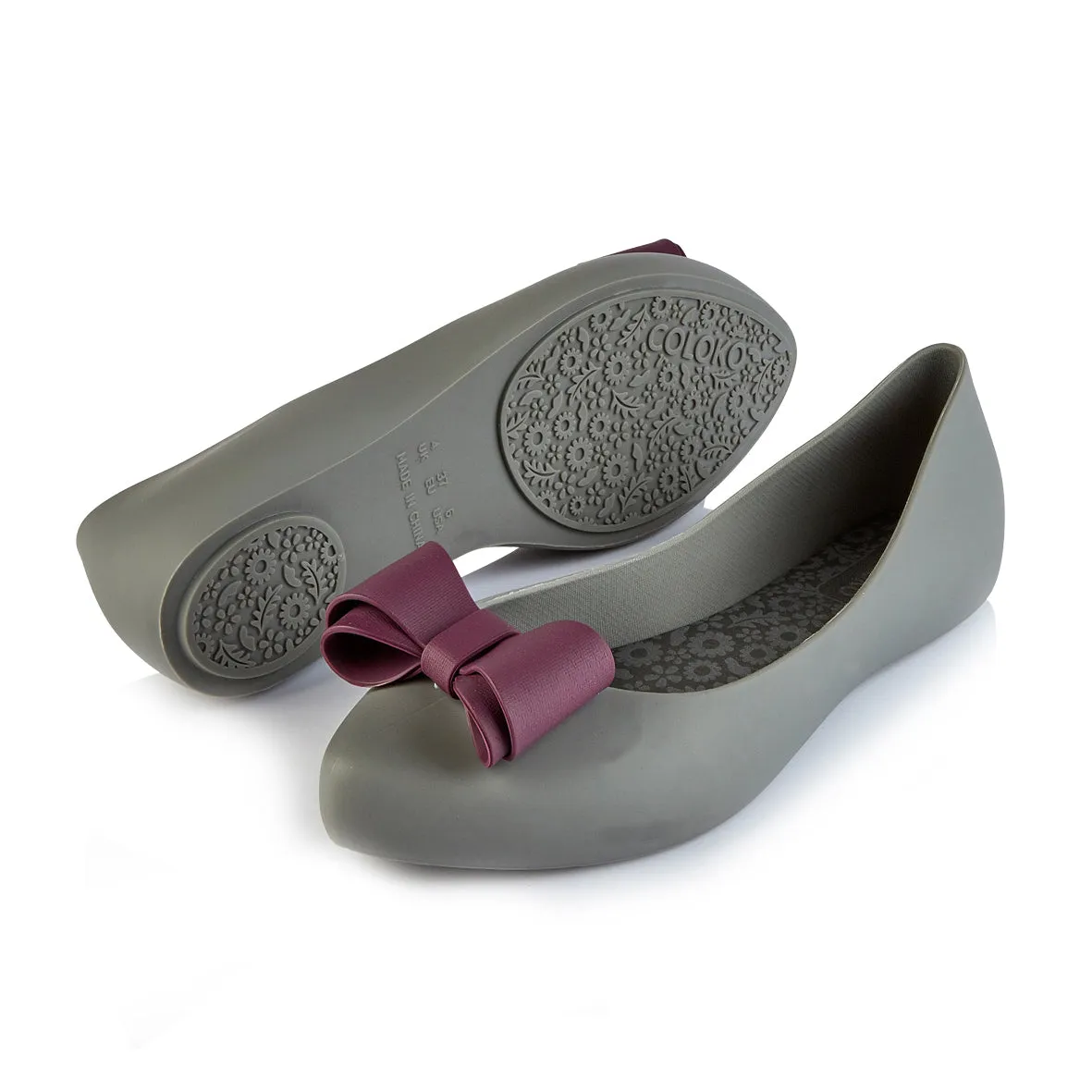 Coloko Calathea Grey Jelly Ballerina Pumps With Contrast Bow