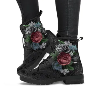 Combat Boots - Vintage Flowers with Black Lace Print | Custom Shoes, Vegan Leather Lace Up Boots