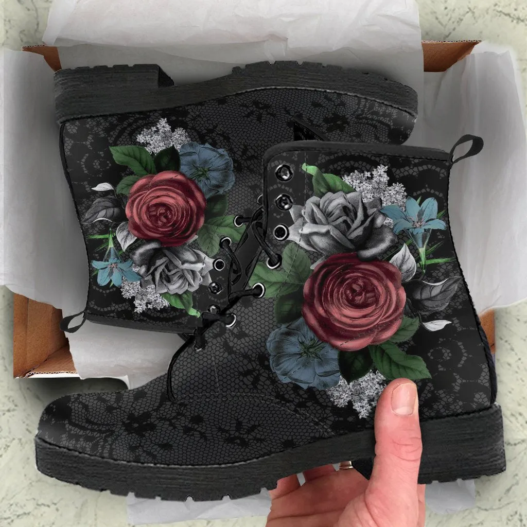 Combat Boots - Vintage Flowers with Black Lace Print | Custom Shoes, Vegan Leather Lace Up Boots