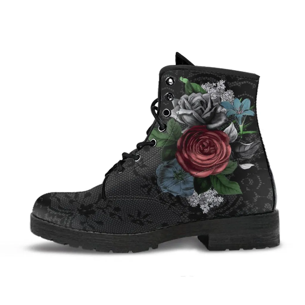 Combat Boots - Vintage Flowers with Black Lace Print | Custom Shoes, Vegan Leather Lace Up Boots