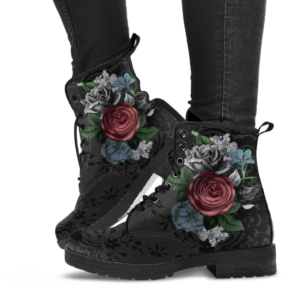 Combat Boots - Vintage Flowers with Black Lace Print | Custom Shoes, Vegan Leather Lace Up Boots