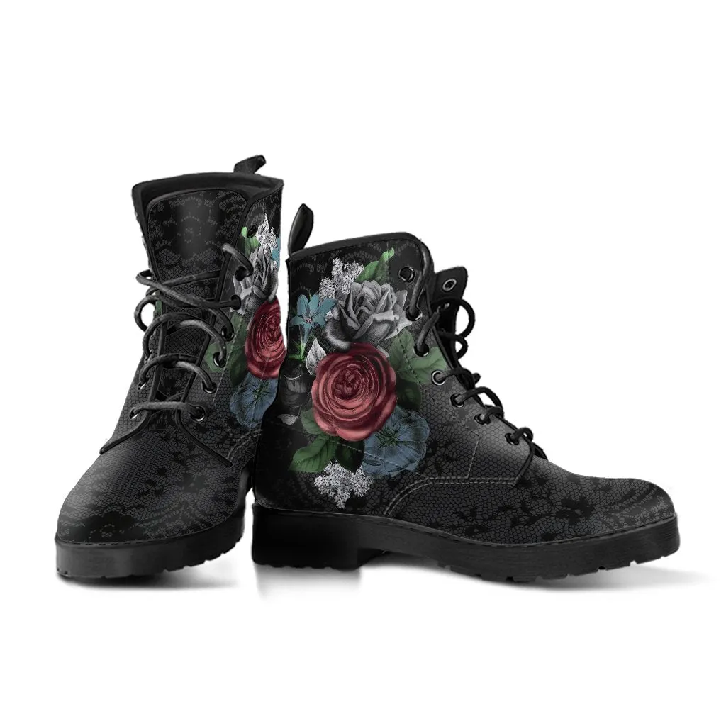 Combat Boots - Vintage Flowers with Black Lace Print | Custom Shoes, Vegan Leather Lace Up Boots