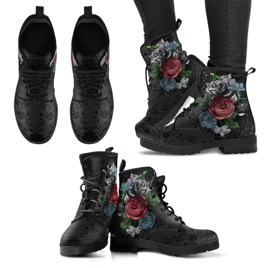 Combat Boots - Vintage Flowers with Black Lace Print | Custom Shoes, Vegan Leather Lace Up Boots