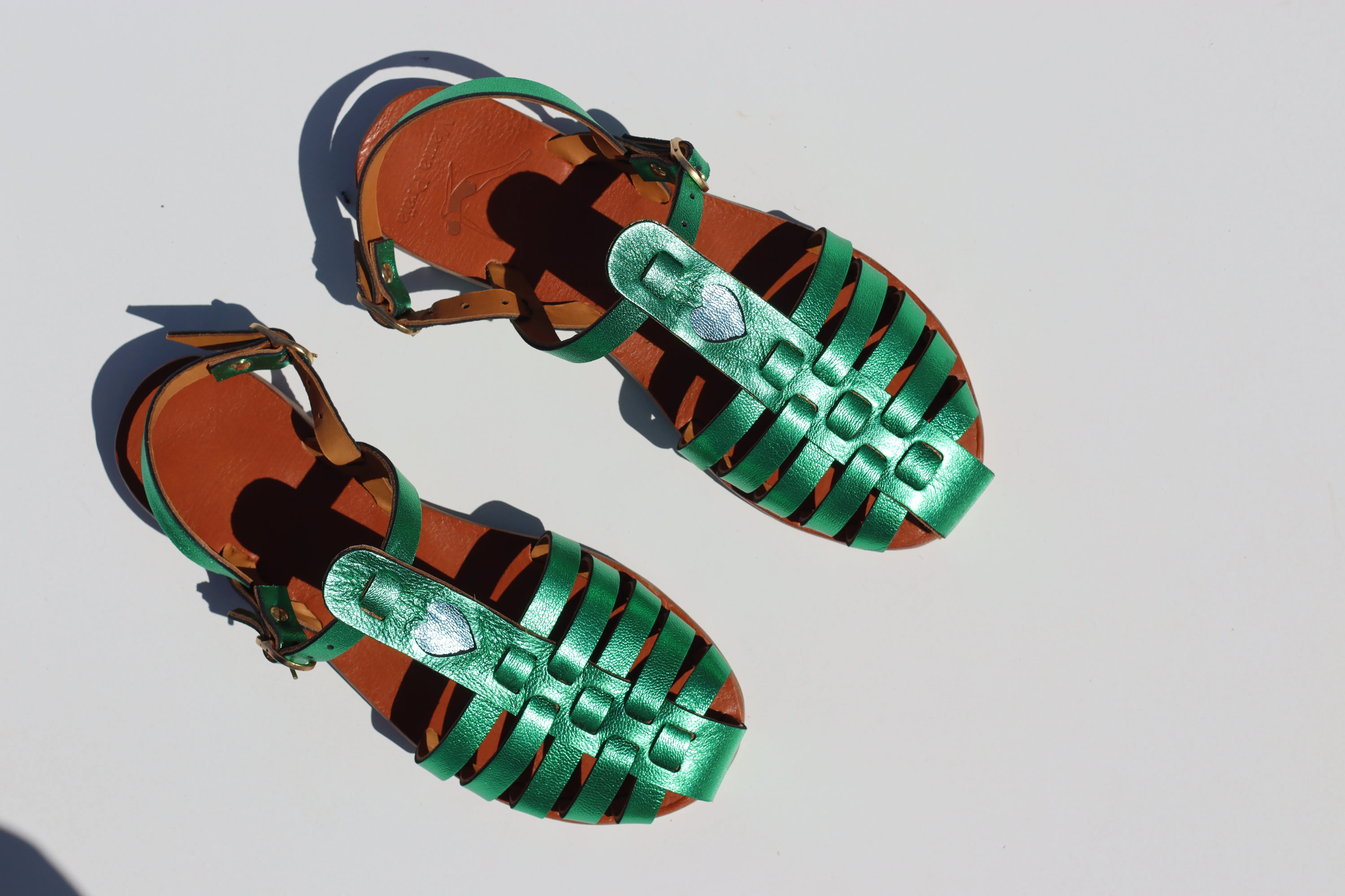 Funky Green   Blue Heart - Camel Sole - Fisherman Sandals