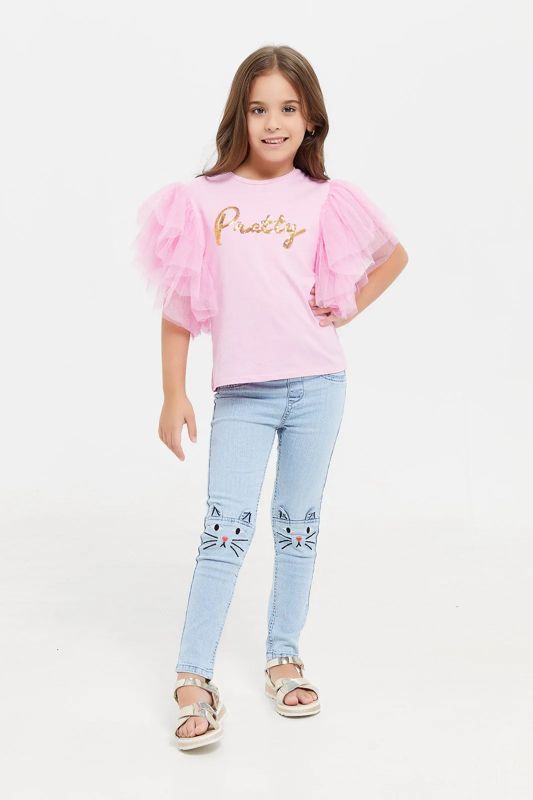 Girls Blue Knee Embellished Jeggings