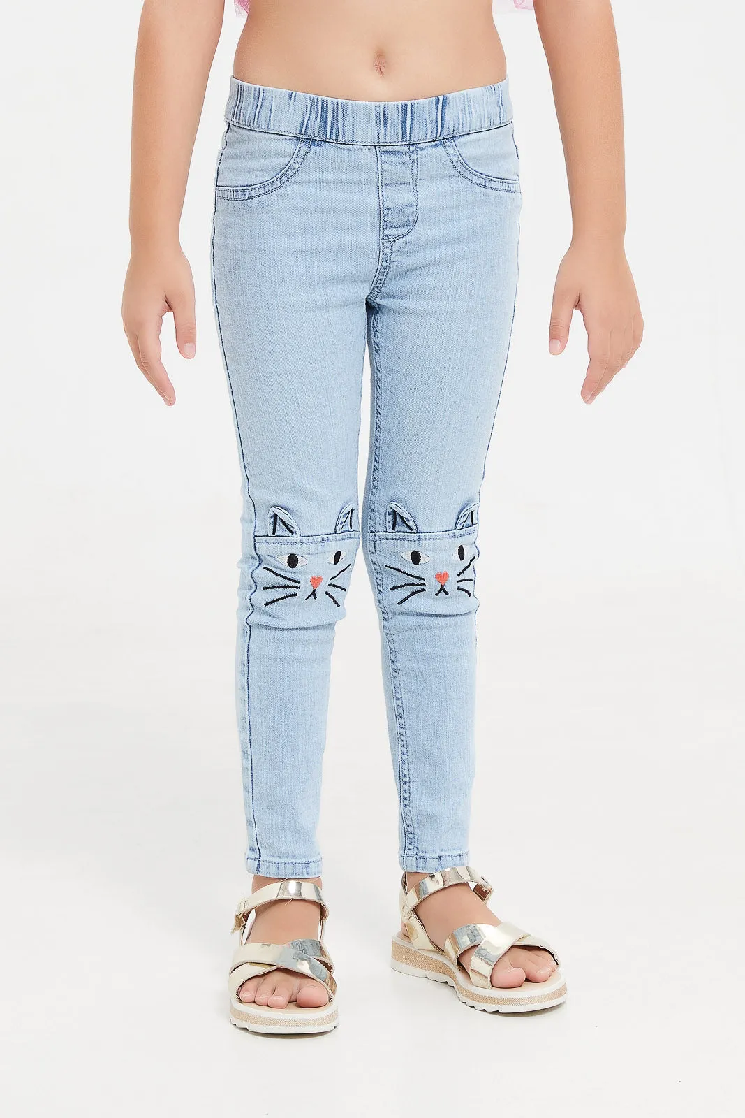 Girls Blue Knee Embellished Jeggings
