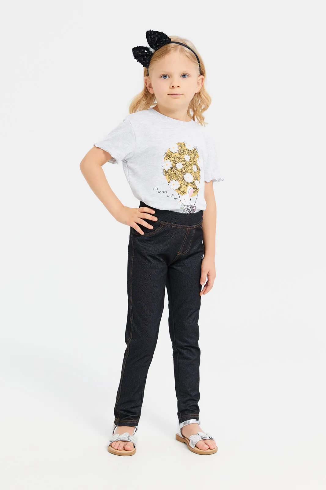 Girls Grey Embellished With 3D Work At Chest T-Shirt
