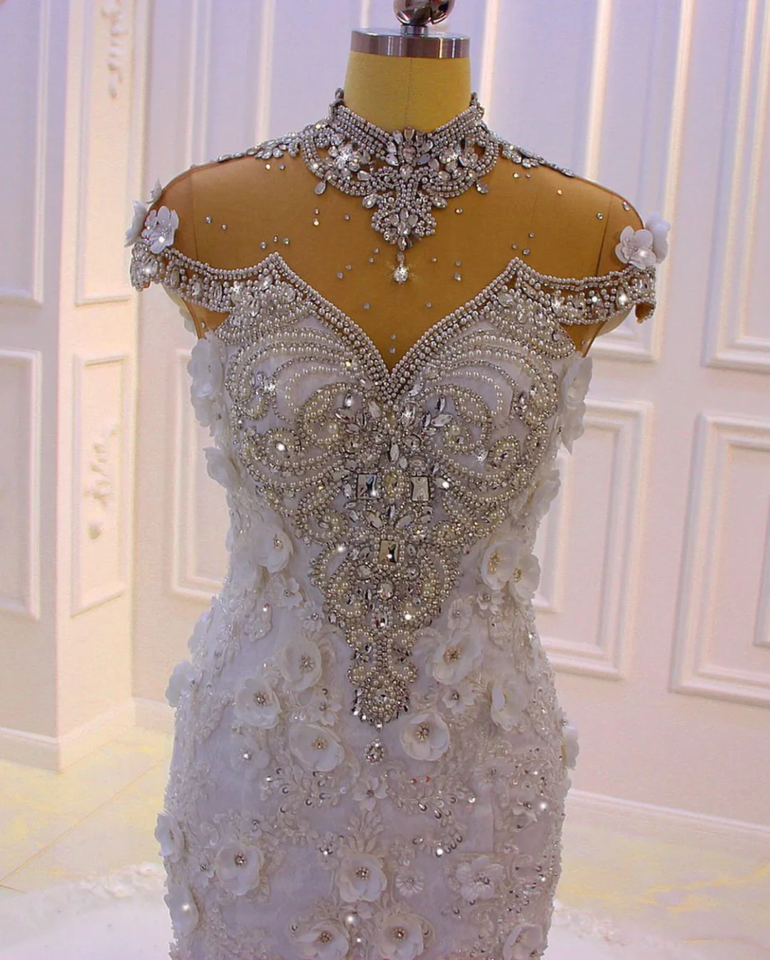 High Neck Crystal Tulle Floor-Length Mermaid Wedding Dress with Lace Appliques