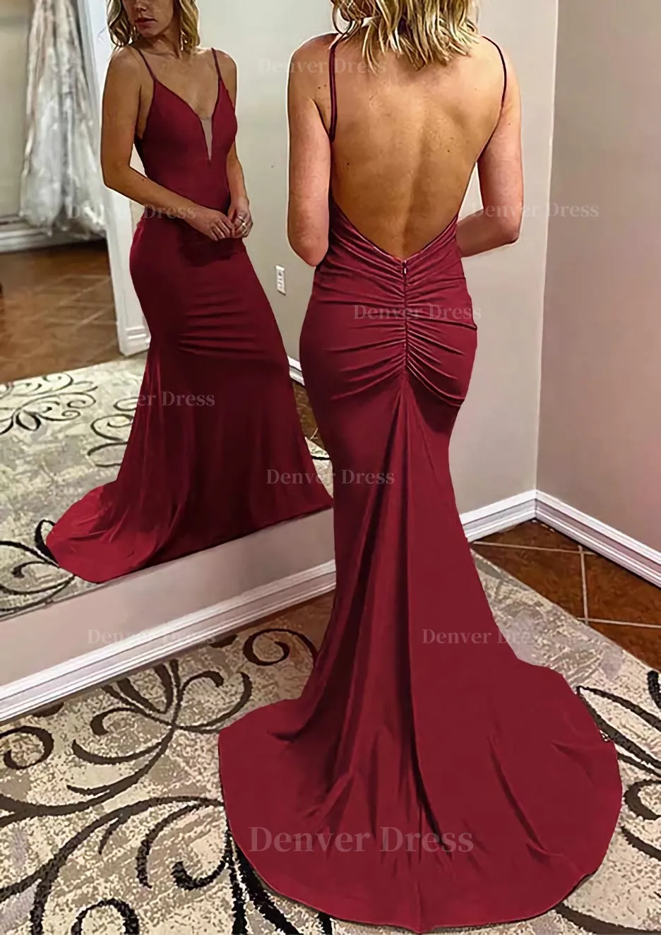 kamahe Trumpet/Mermaid V Neck Spaghetti Straps Court Train Jersey Prom Dress With Pleated