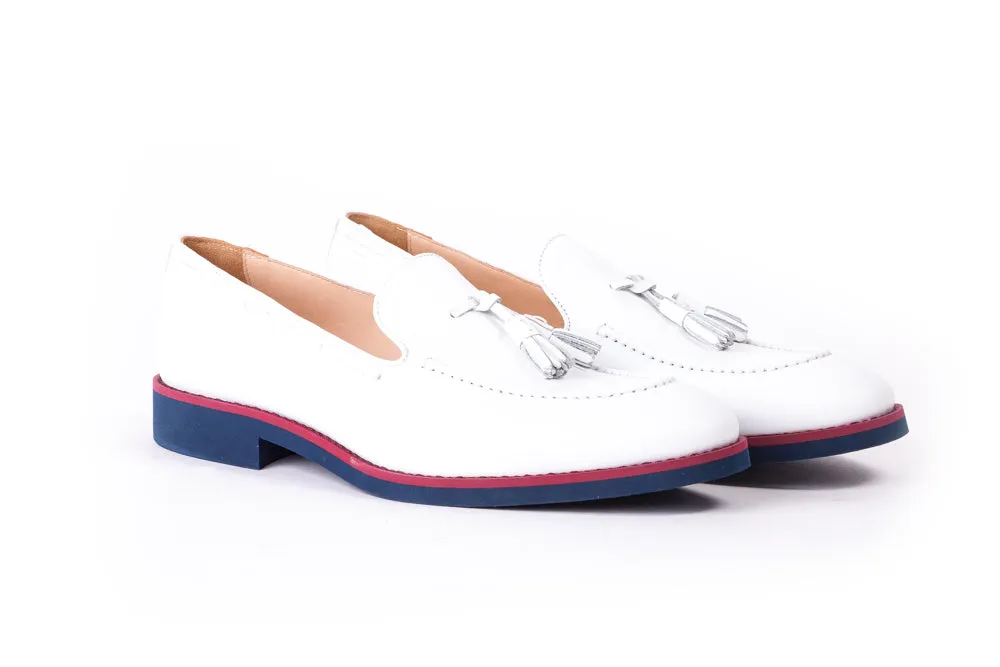 Men's White & Oxblood Accented Tassel Loafer with Blue Sole (EX-162)