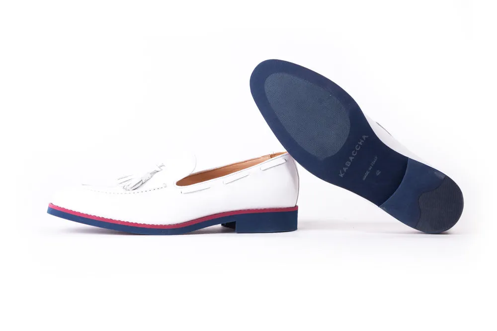 Men's White & Oxblood Accented Tassel Loafer with Blue Sole (EX-162)