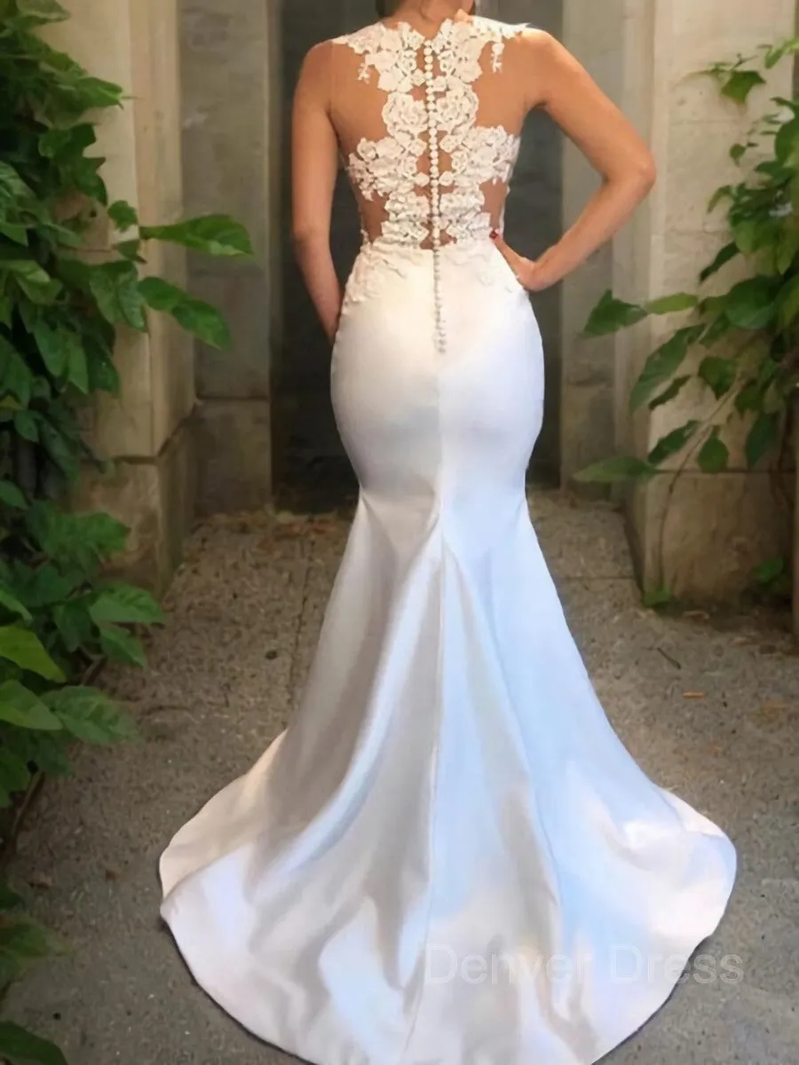 Mermaid Scoop Court Train Satin Wedding Dresses With Appliques Lace