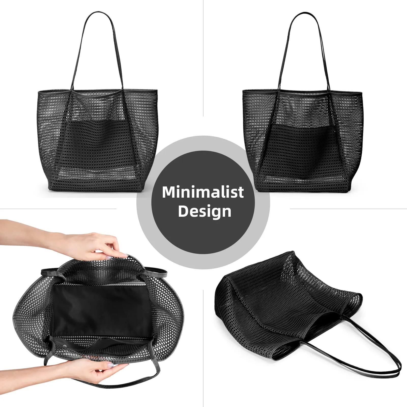 Mesh beach bag large with zipper inside pocket, shoulder bag ladies swim bag, foldable handbags