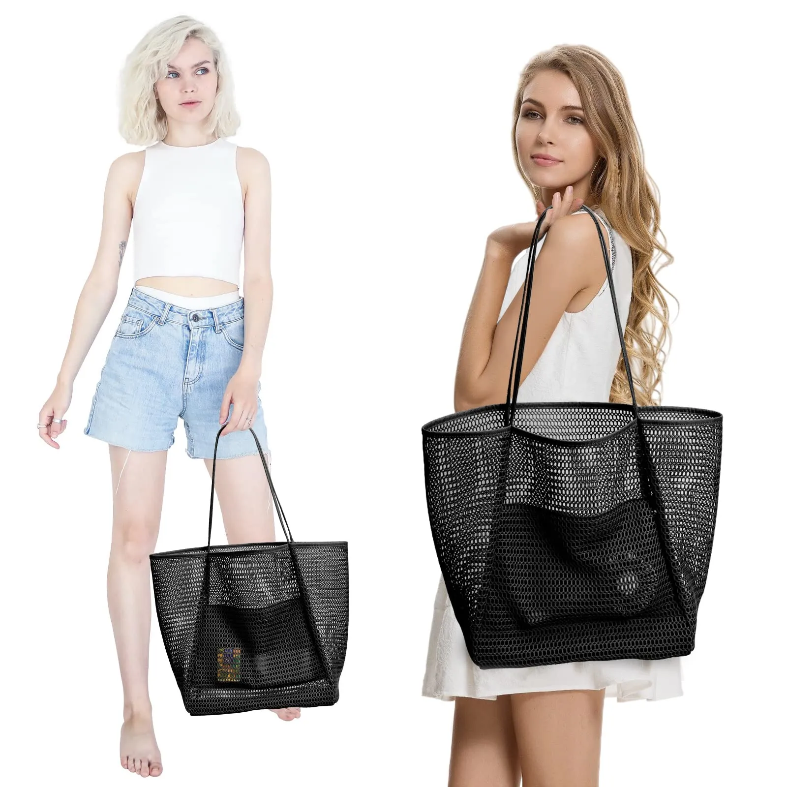 Mesh beach bag large with zipper inside pocket, shoulder bag ladies swim bag, foldable handbags