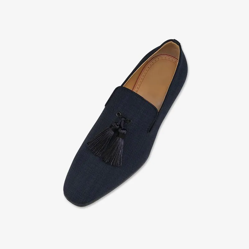 Navy Fabric Mens Tassel Flat Loafers