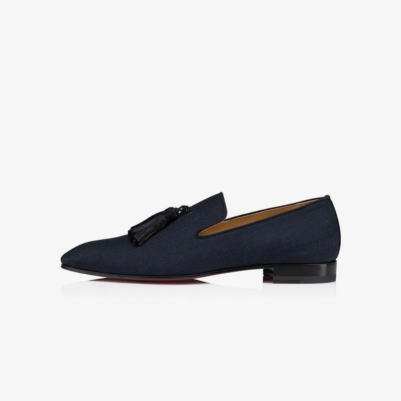 Navy Fabric Mens Tassel Flat Loafers