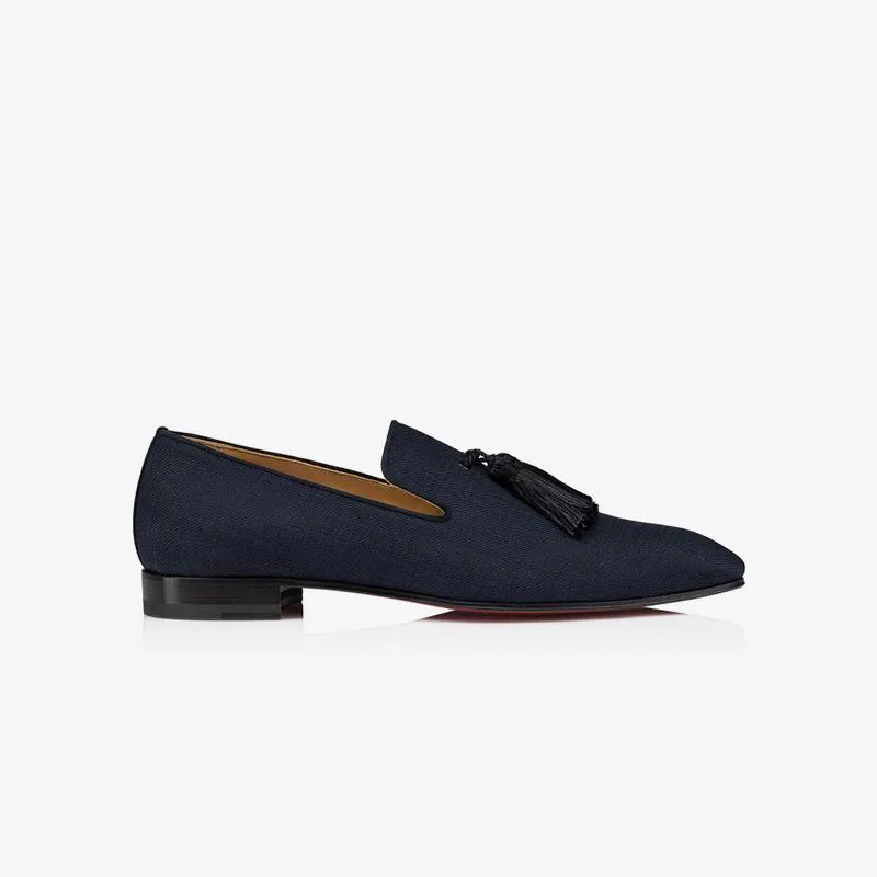 Navy Fabric Mens Tassel Flat Loafers