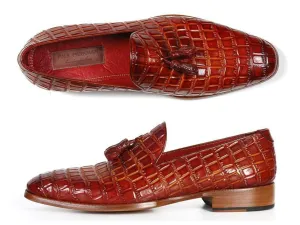 Paul Parkman Men's Reddish Camel Crocodile Embossed Calfskin Tassel Loafer (ID#0823-RDSH)
