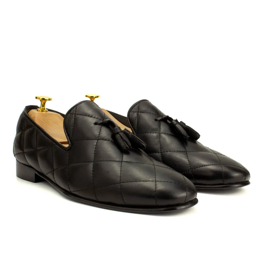 Premium Quilted Leather Tassel Loafers in Black