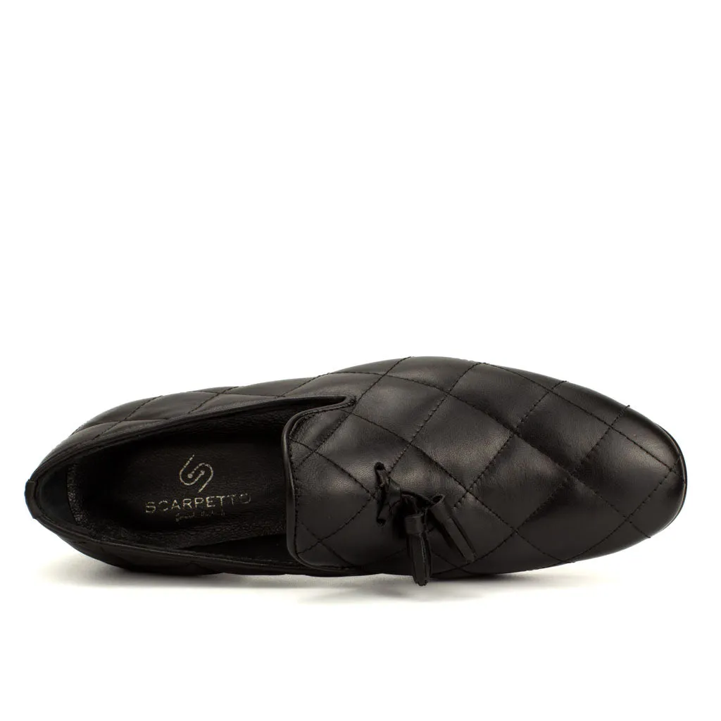 Premium Quilted Leather Tassel Loafers in Black