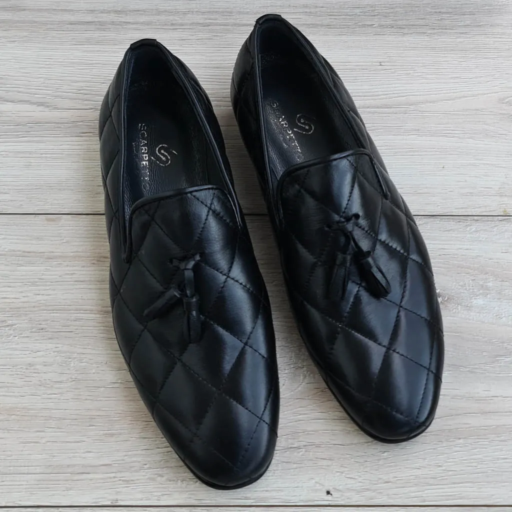Premium Quilted Leather Tassel Loafers in Black