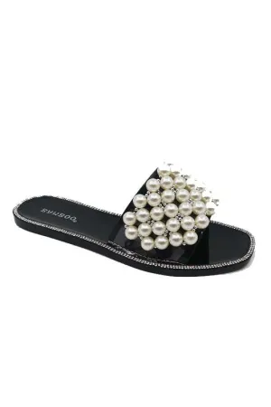 "Boardwalk Stroll" Black Jelly Sandals w/ Pearl Detail