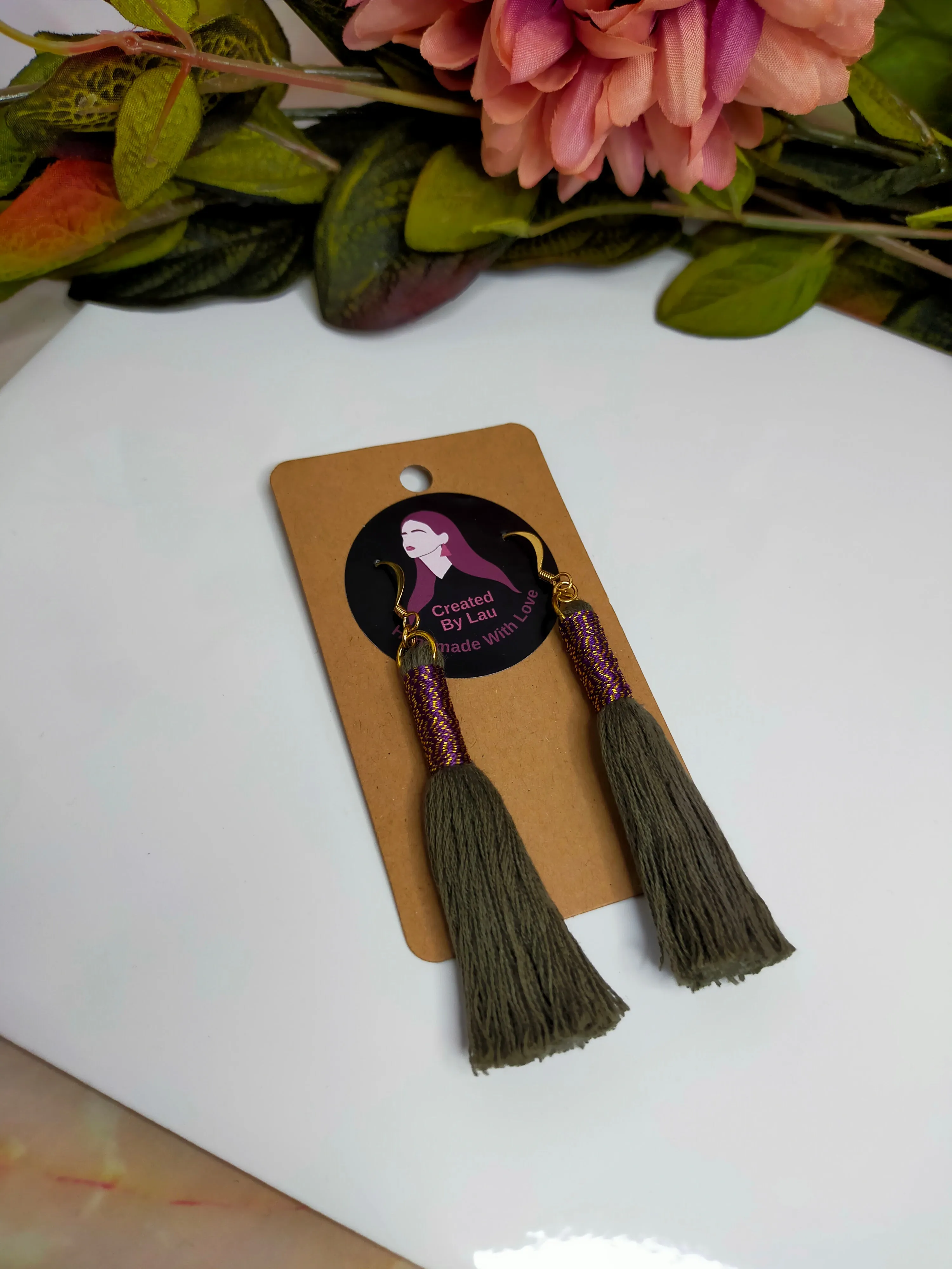"Kaylee" Khaki Tassel Earrings with Metallic Wrap