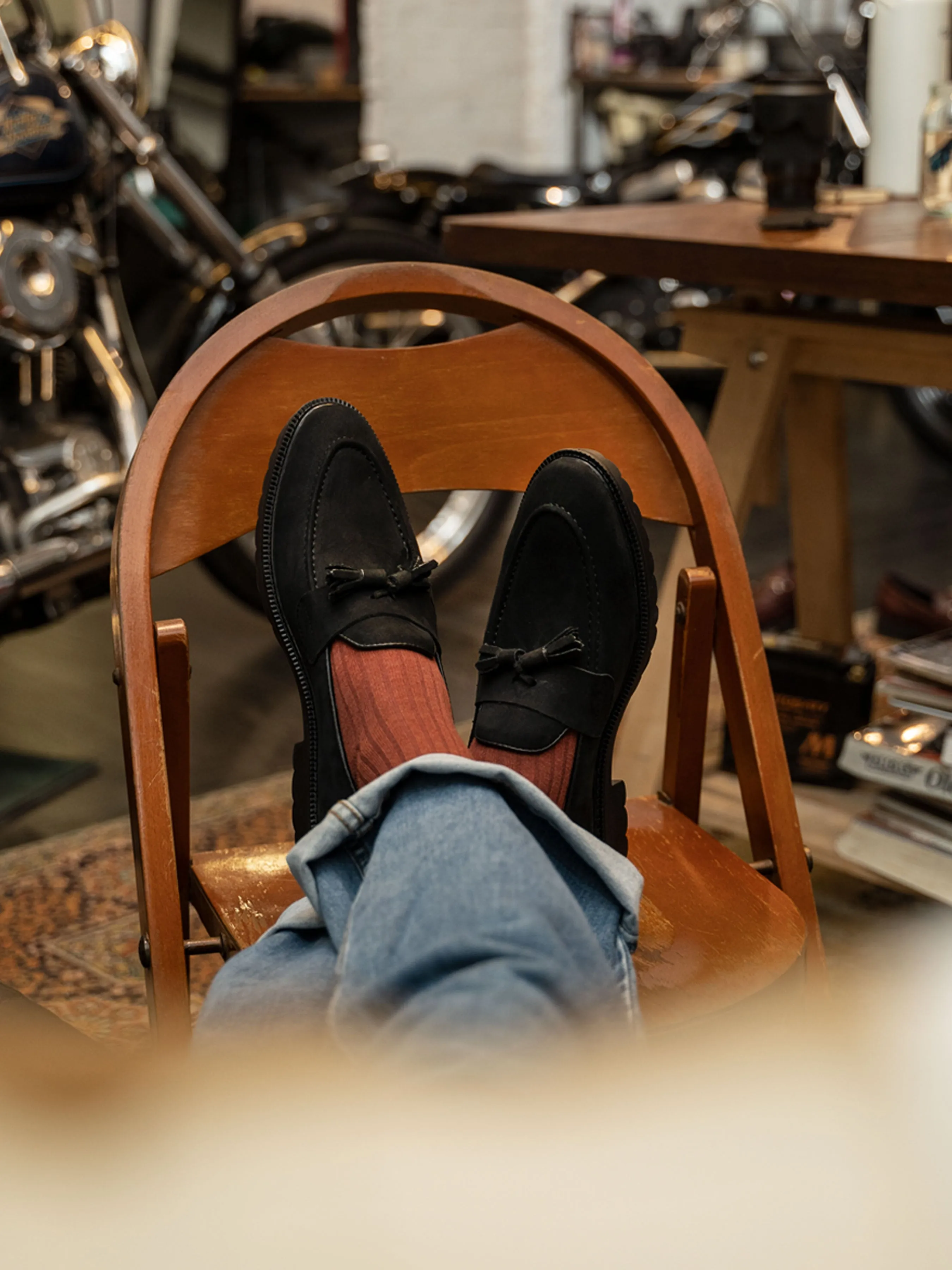 Rocky Tassel Loafer - Black Nubuck Leather (Combat Sole)