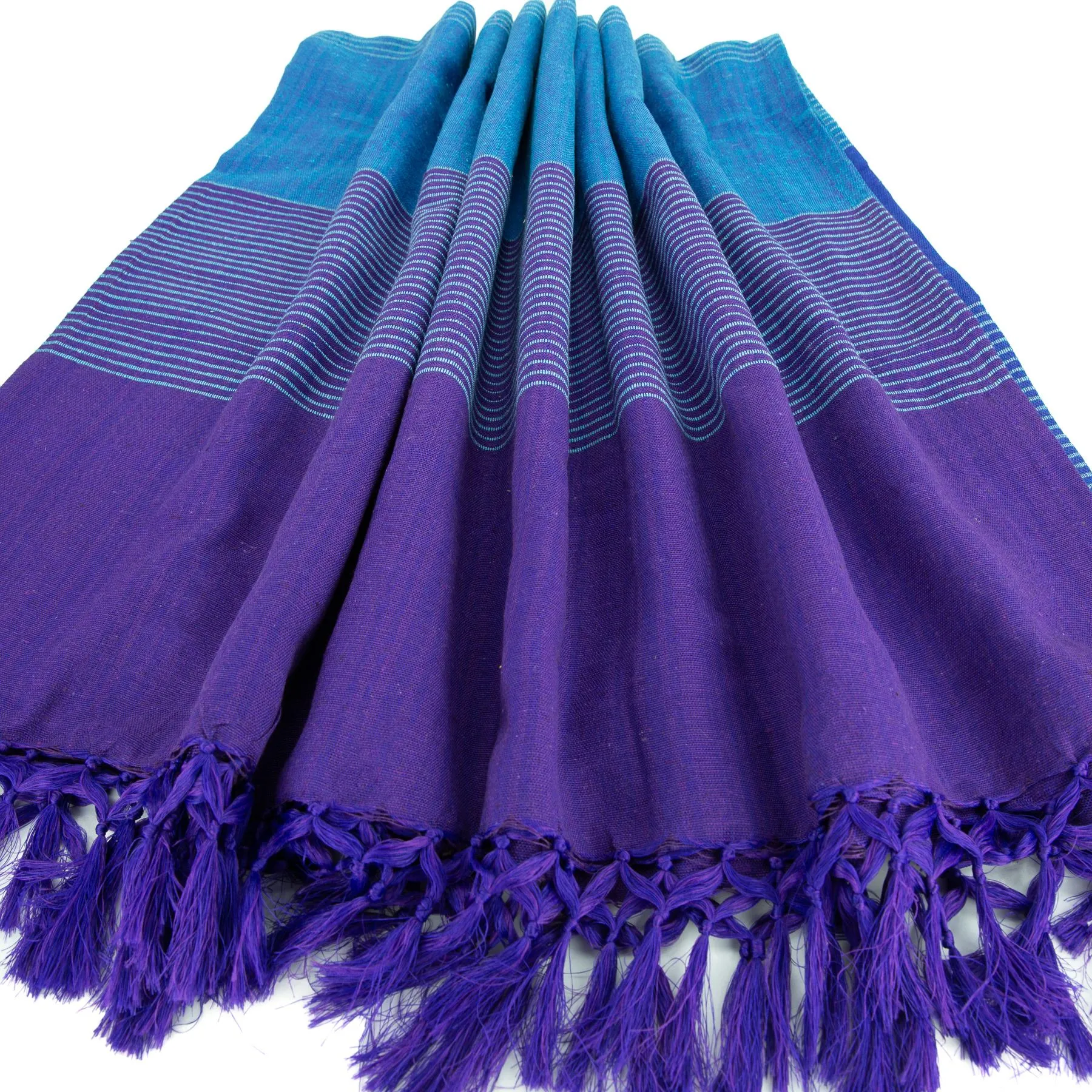 Striped Cotton Blanket With Tassel Edging - Cobalt