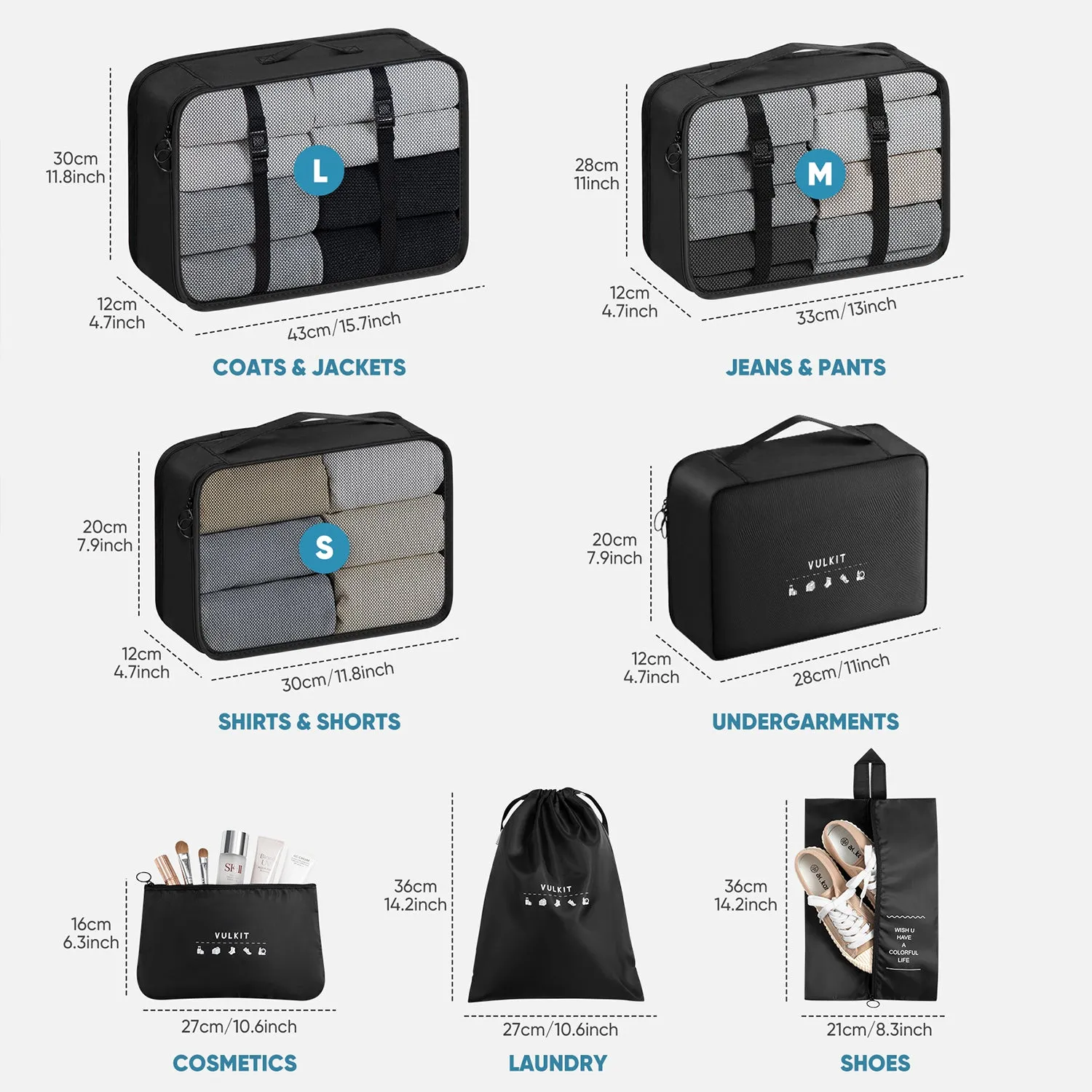 VTB100 - 7PCS Waterproof Travel Packing Cubes Set for Suitcase and Backpack Organizers