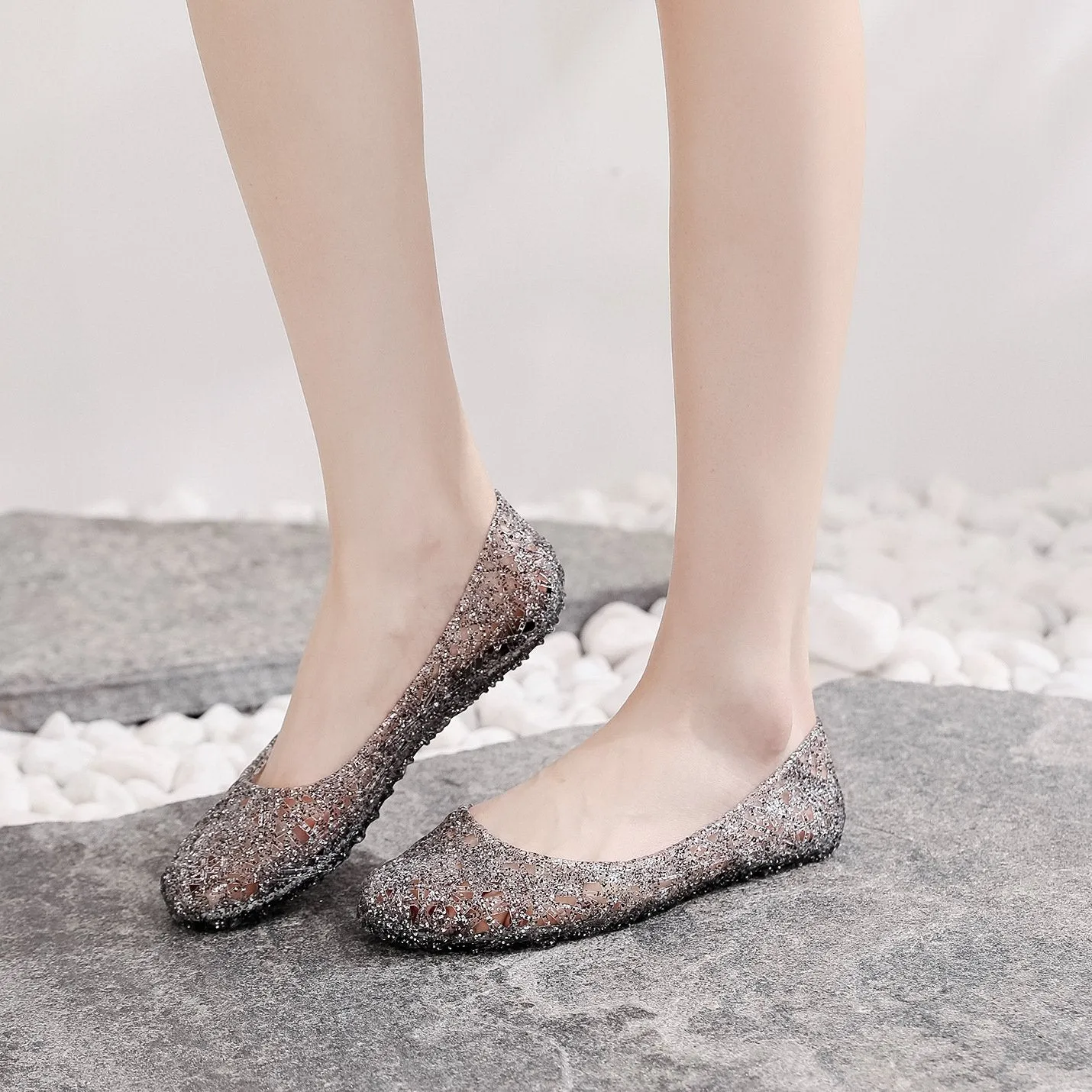 Women's hollow rhinestone jelly flats cute slip on shoes