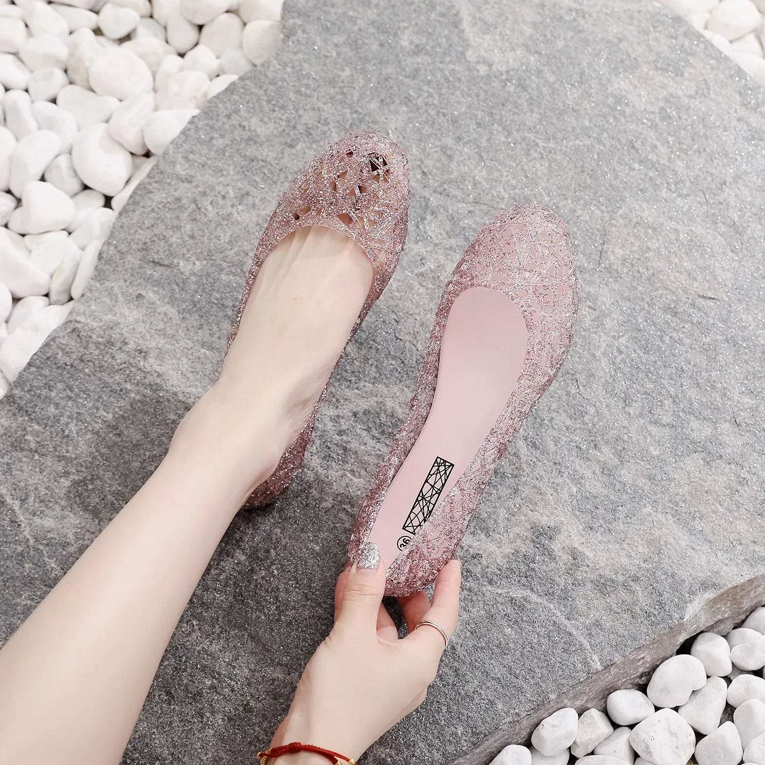 Women's hollow rhinestone jelly flats cute slip on shoes